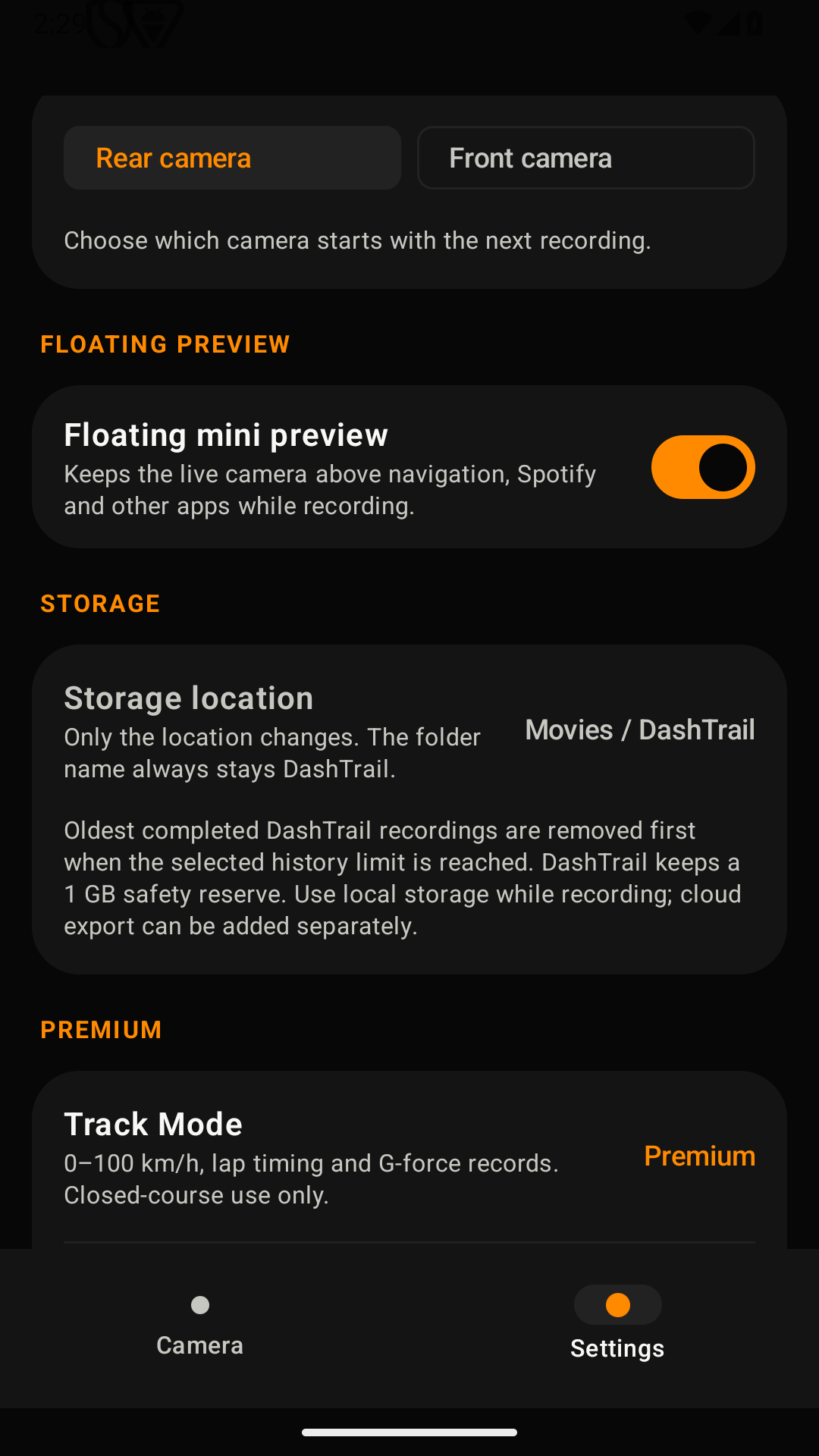 DashTrail settings showing the floating mini preview and storage controls