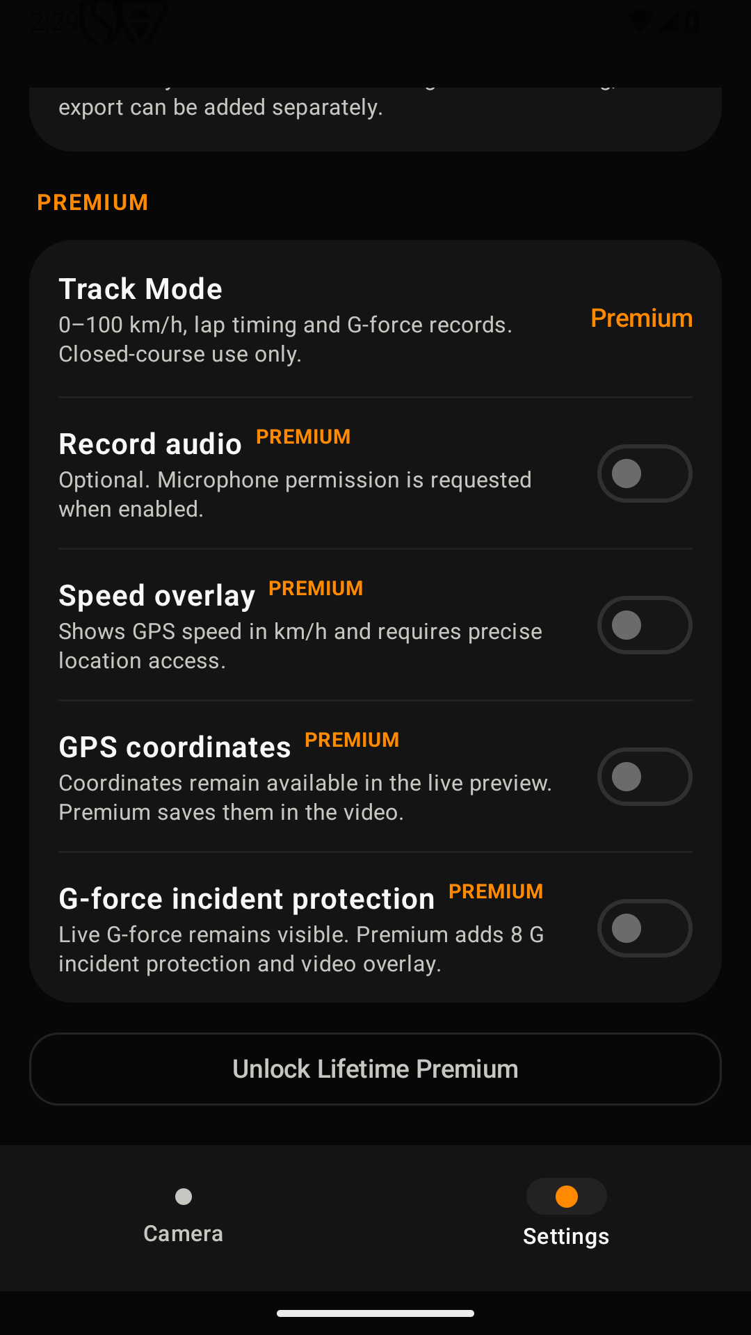 Real DashTrail Premium settings showing GPS, speed and G-force options