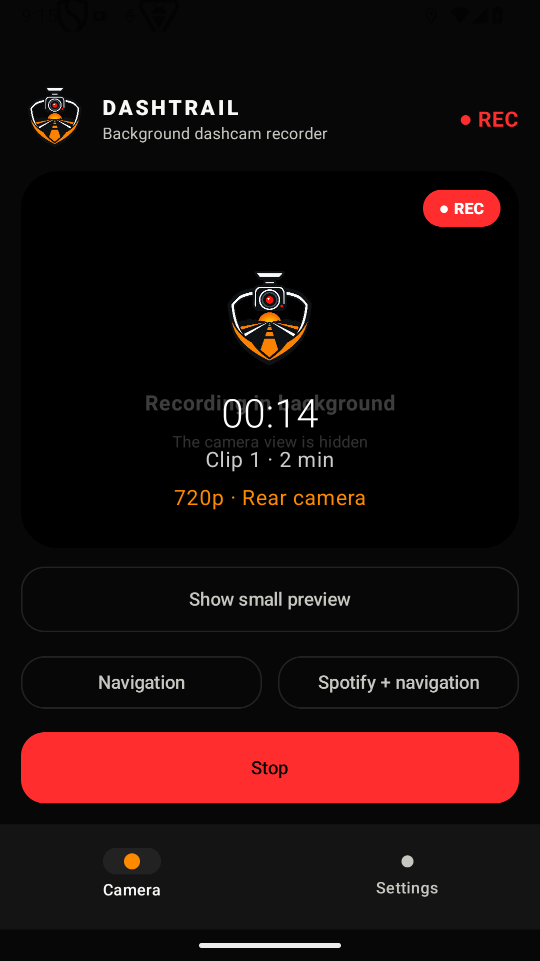 Real DashTrail Android recording screen showing hidden camera view, recording status and navigation options
